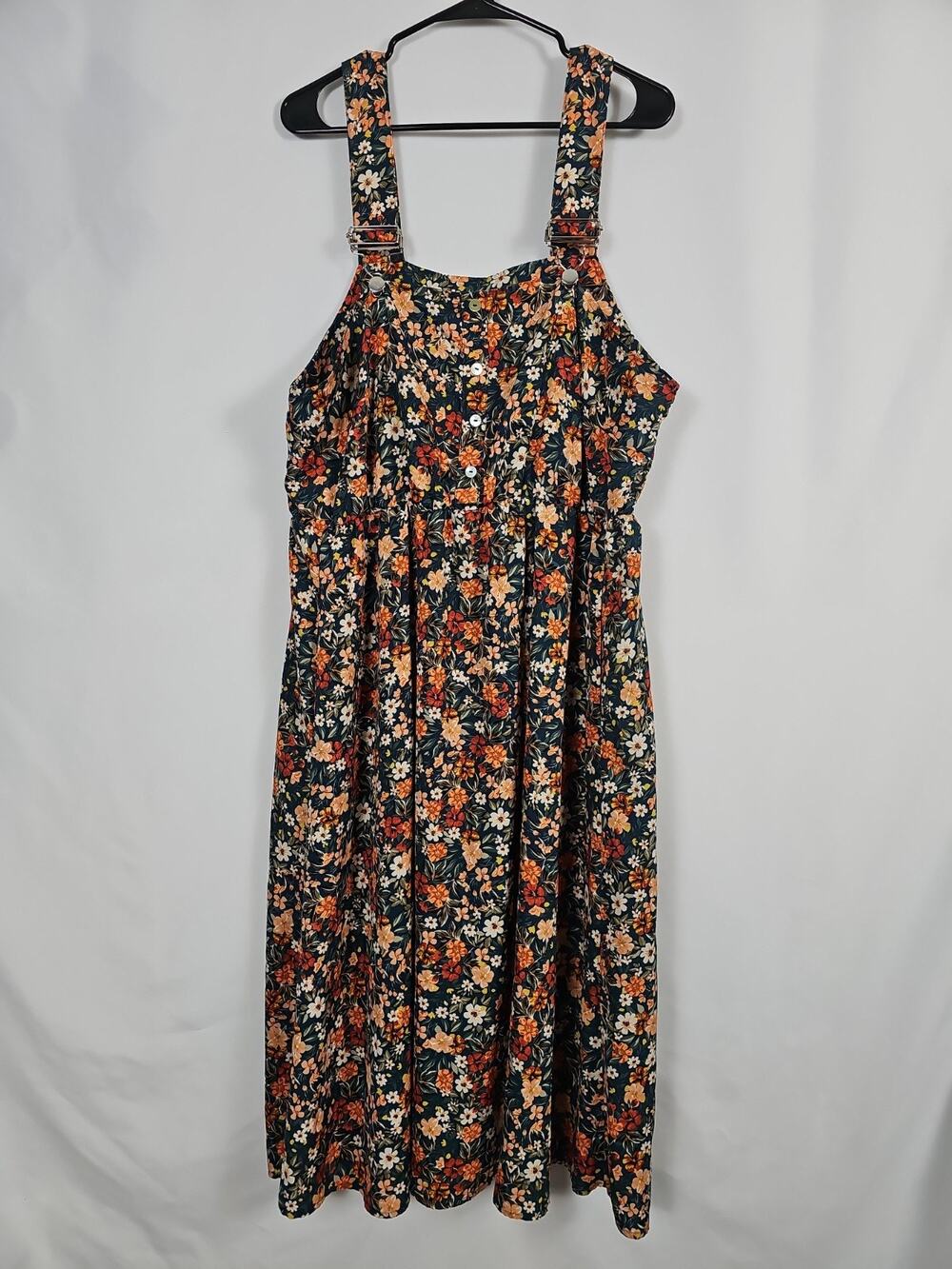 BloomChic Dark Green Floral Midi Dress with Coral & Cream Blooms Women Sz. 14-16